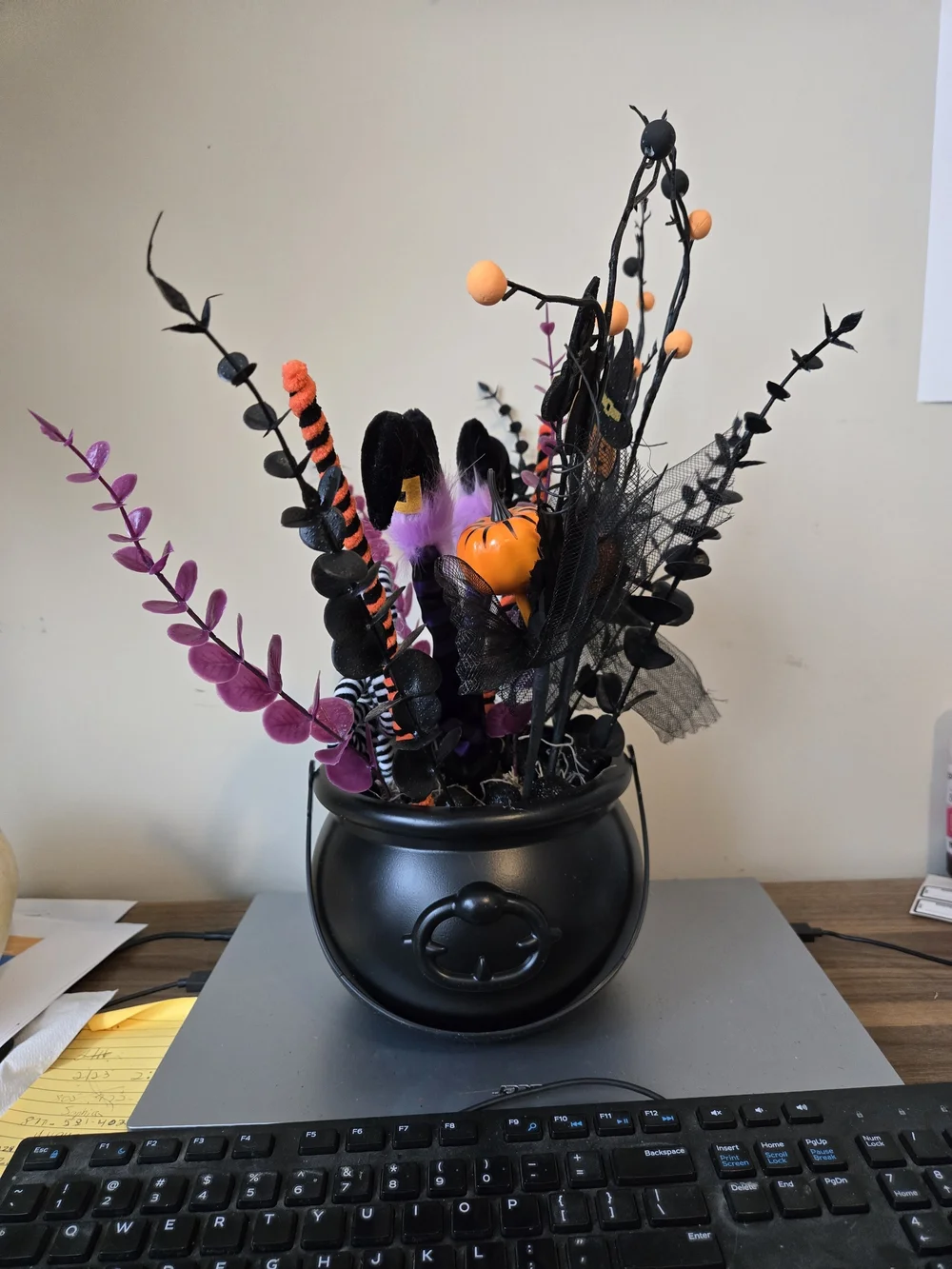 Halloween Witch Cauldron Table Centerpiece - Black, Purple & Orange
